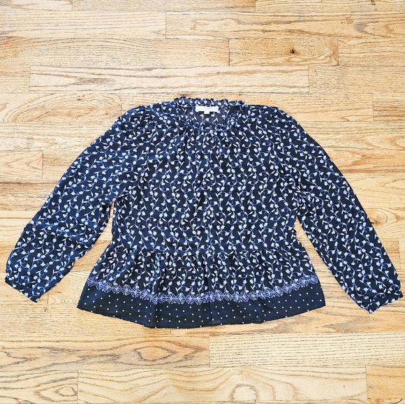 LOFT Size M Peplum Blouse Navy Blue Floral Ruffle Hem Business Casual Chiffon - Picture 2 of 8
